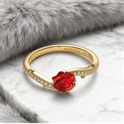 ANILLO PANDORA PINCESA DISNEY BELLA Y LA BESTIA ROSA ENCANTADA ORO 14K
