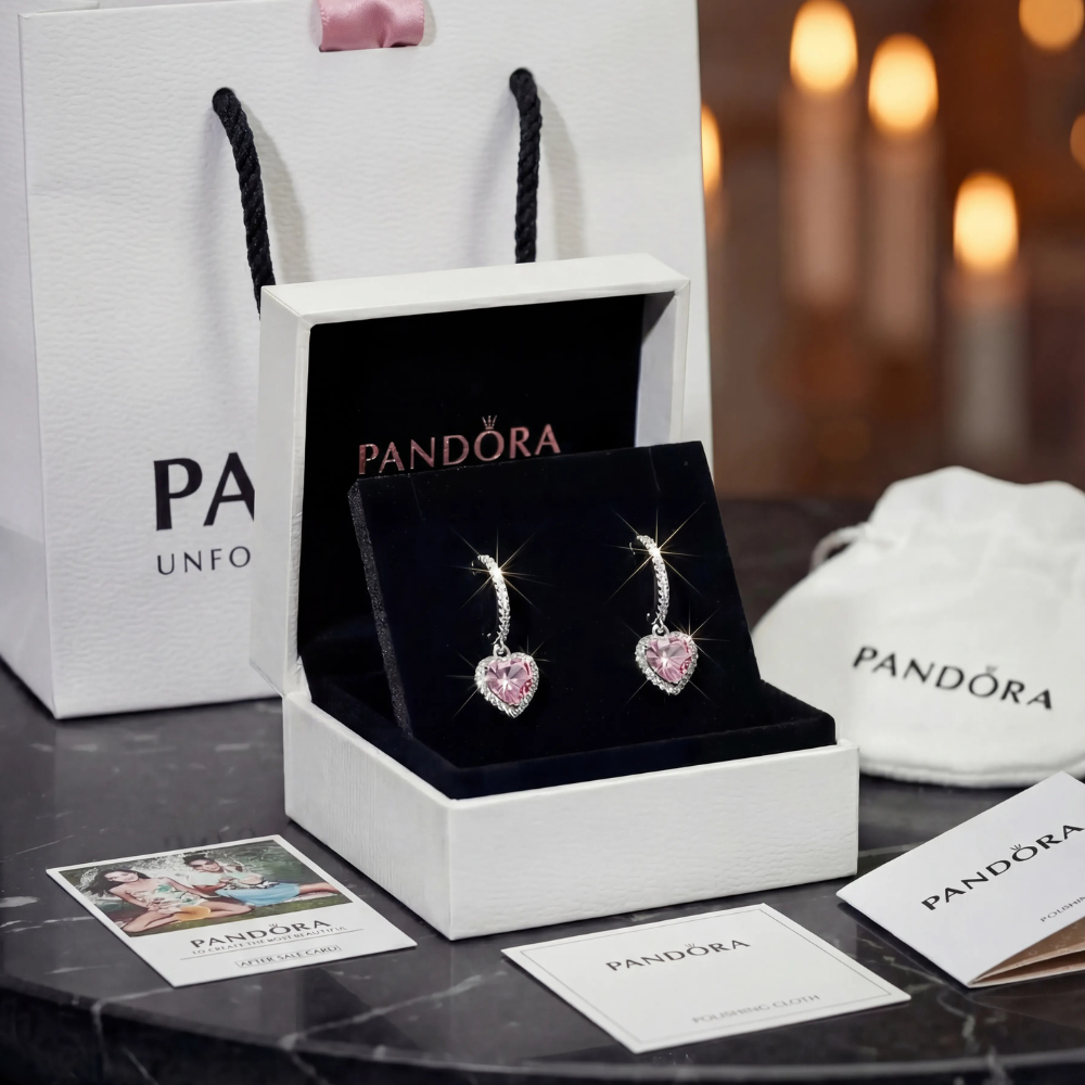 ARETES PENDIENTES DE ARO CORAZÓN ROSA PANDORA + KIT DE REGALO ZOCALO ONLINE