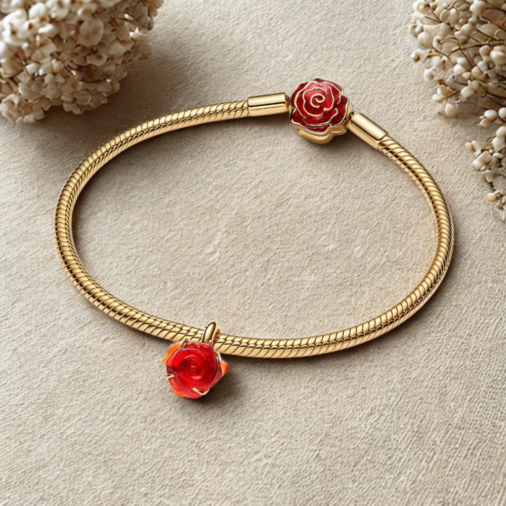SET PULSERA ROSA ROJA BELLA Y BESTIA + CHARM ROSA ROJA DISNEY ORO 14K ZOCALO ONLINE