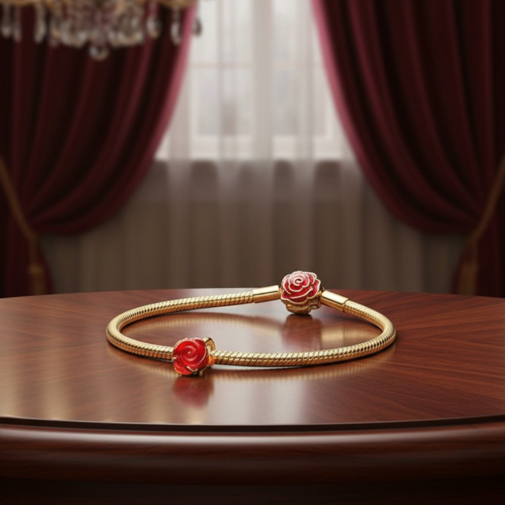 SET PULSERA ROSA ROJA BELLA Y BESTIA + CHARM ROSA ROJA DISNEY ORO 14K ZOCALO ONLINE