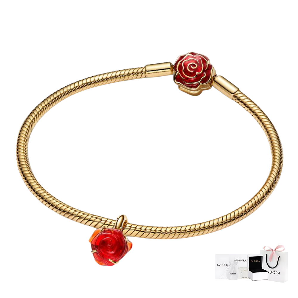 SET PULSERA ROSA ROJA BELLA Y BESTIA + CHARM ROSA ROJA DISNEY ORO 14K ZOCALO ONLINE