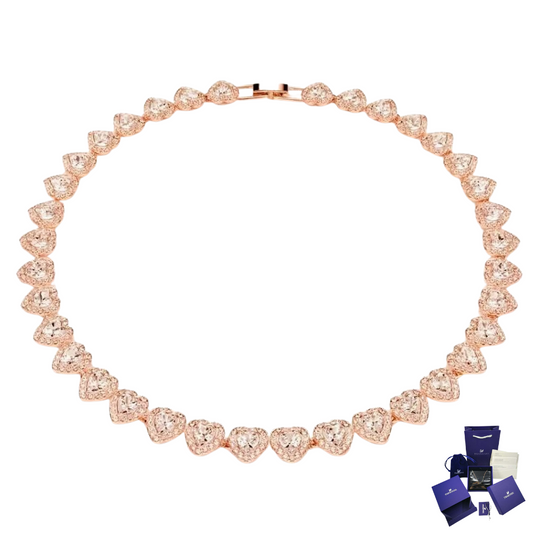 COLLAR SWAROVSKI TENIS ORO ROSA ROSE GOLD CORAZONES BLANCOS ARIANA GRANDE + KIT DE REGALO