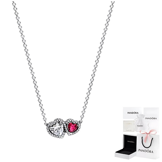 COLLAR PANDORA DOBLE CORAZON ROJO HALO PLATA 925 + KIT DE REGALO