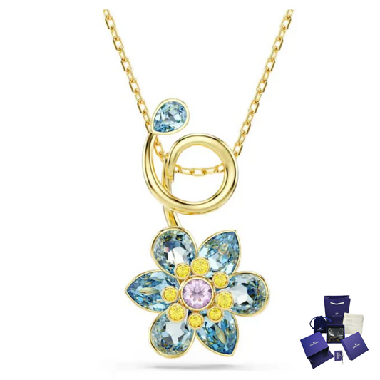 COLLAR COLGANTE SWAROVSKI FLORERE FLOR IDYLLIA AZUL ORO CRISTALES + KIT DE REGALO