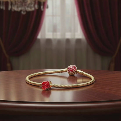 SET PULSERA PANDORA ROSA ROJA BELLA Y BESTIA + CHARM ROSA ROJA DISNEY ORO 14K