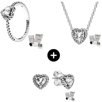 Set Corazón Elevado Anillo + Collar + Aretes Pandora