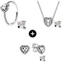 PANDORA SILVER RAISED HEART SET RING + NECKLACE + EARRINGS