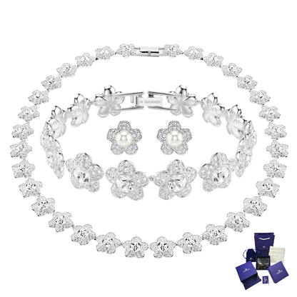SET CONJUNTO COLLAR + PULSERA + ARETES SWAROVSKI ARIANA GRANDE FLORES BLANCAS ZOCALO ONLINE