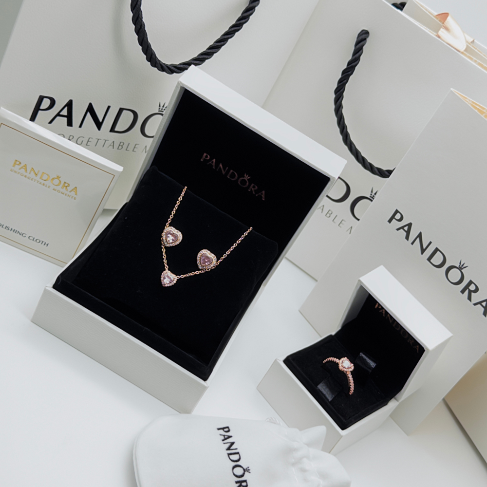 SET CONJUNTO PANDORA ANILLO + ARETES + COLLAR CORAZON ELEVADO ROSA ROSE GOLD