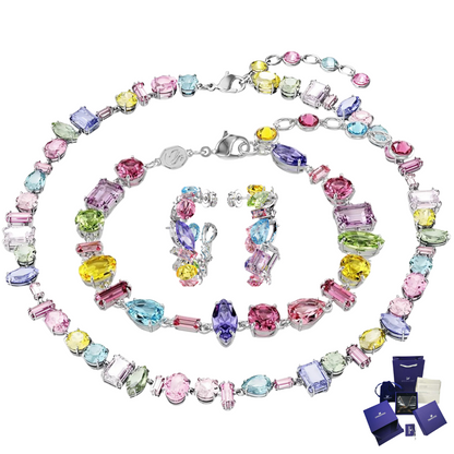 SET CONJUNTO COLLAR + PULSERA + ARETES SWAROVSKI MULTICOLOR GEMA PIEDRAS CRISTALES