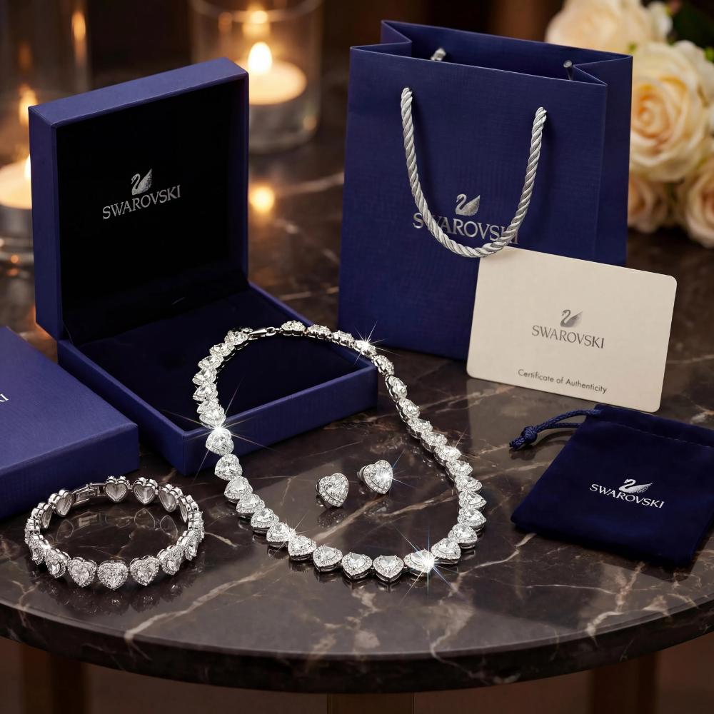 SET CONJUNTO COLLAR + PULSERA + ARETES SWAROVSKI ARIANA GRANDE CORAZONES ZOCALO ONLINE