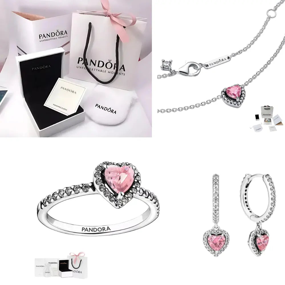 SET CONJUNTO PANDORA CORAZON ROSA PLATA .925 ANILLO + COLLAR + ARETES + KIT DE REGALO ZOCALO ONLINE