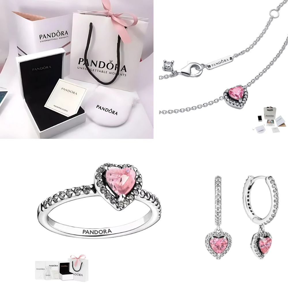 PANDORA PINK HEART SET 925 SILVER RING + NECKLACE + EARRINGS + GIFT KIT