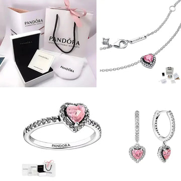 Set Corazón Rosa Anillo + Collar + Aretes Pandora
