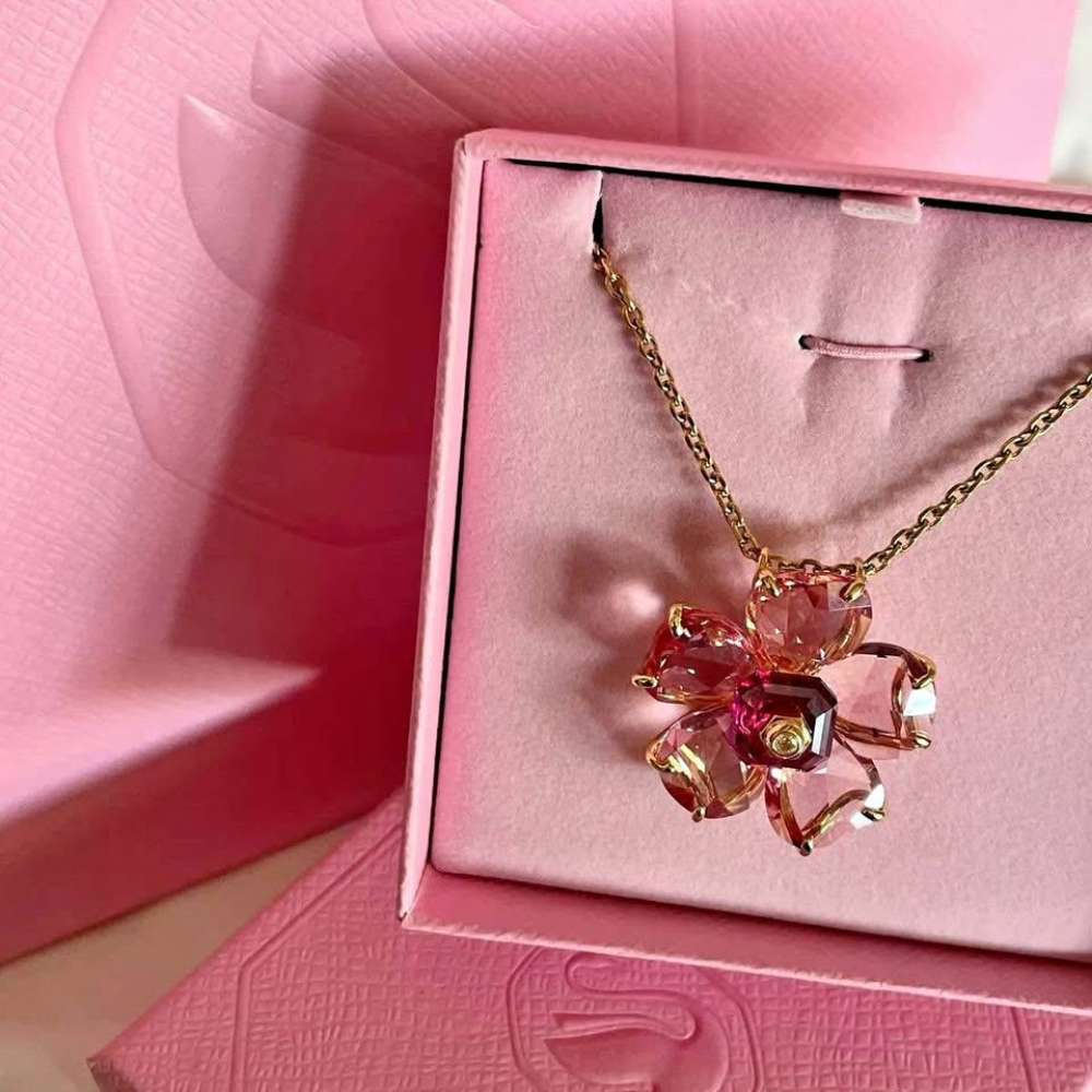 COLLAR COLGANTE SWAROVSKI FLORERE FLOR ROSA ORO CRISTALES + KIT DE REGALO